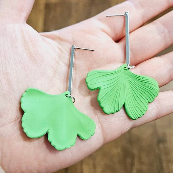 Green Ginkgo Leaf Drop Earrings Cottage Bold Dopamine - Picture 4 of 4